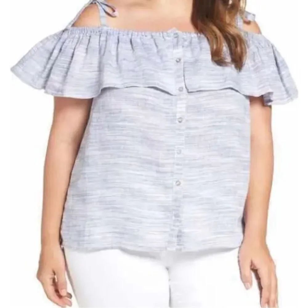 Lucky Brand Blue White Off Shoulder Top Ruffle Small (4400)